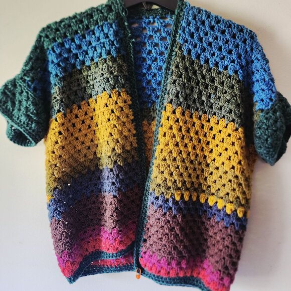 Handmade Colorful Crochet Short Flutter Sleeve Cardigan OS| Artsy Boho Eclectic - Picture 1 of 10